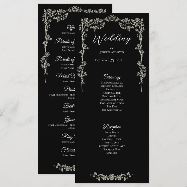 Menu Elegant floral Gothic Wedding Program (Devant / Derrière)