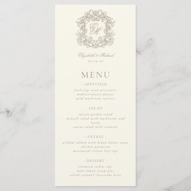Menu Elegant Formal Monogram Crest Ivory Wedding (Devant)
