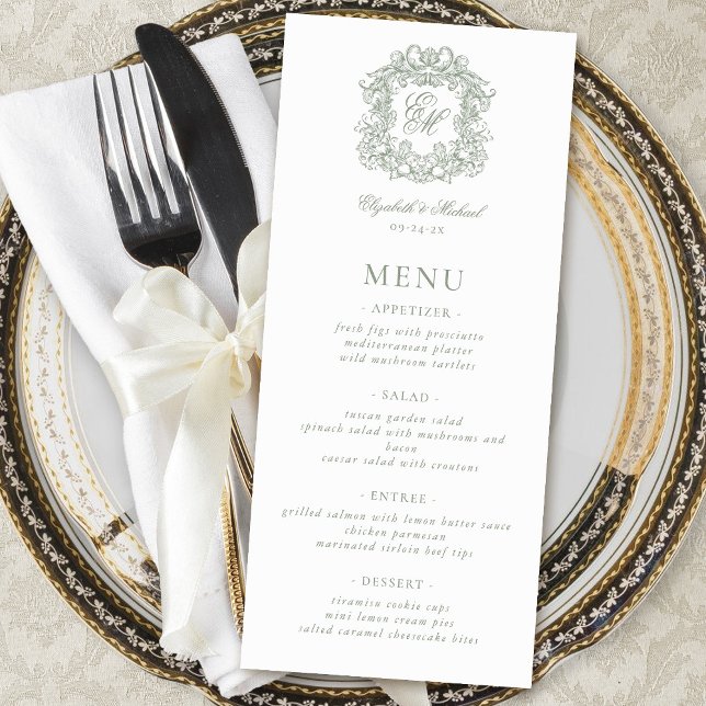 Menu Elegant Formal Monogram Crest Sage Green Wedding (Créateur téléchargé)