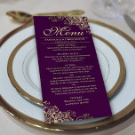 Menu Elégant Frills en or sur Plum Purple Mariage<br><div class="desc">Ce beau menu ajoutera un peu de style à votre réception de mariage. Il présente un design magnifique avec des boucles dorées et des tourbillons sur un arrière - plan profond de couleur prune violet ou aubergine. Il y a de l'espace pour les noms du couple et la date du...</div>