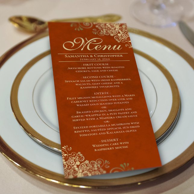 Menu Elégant Frills or sur rouille Orange Mariage (On Plate)