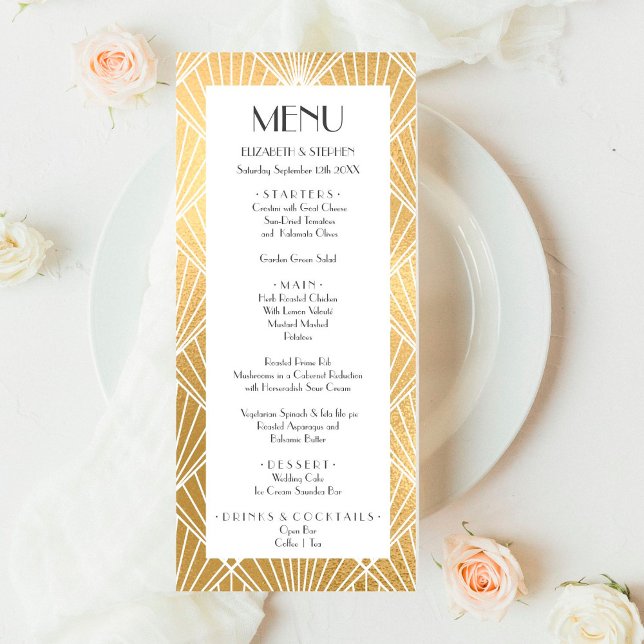 Menu Elégant Gatsby Art Déco Mariage blanc & or (Créateur téléchargé)