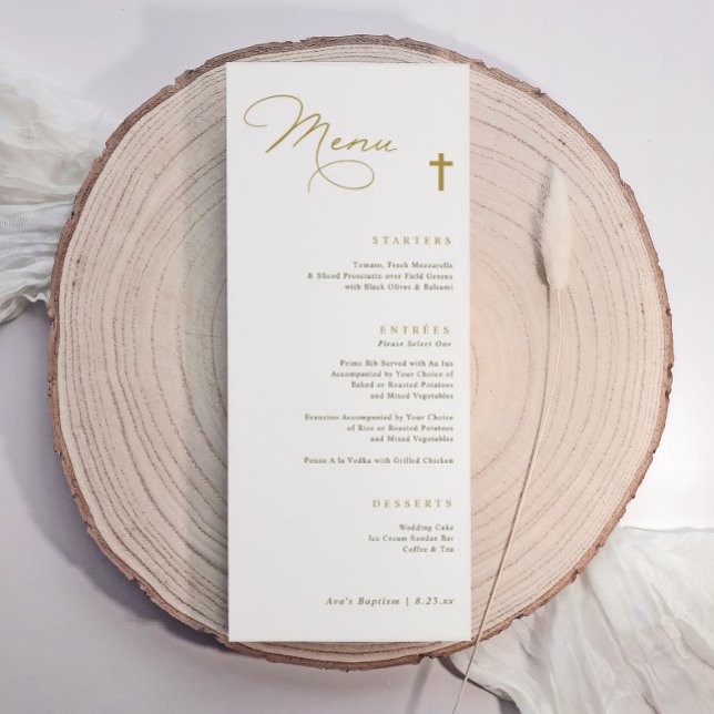 Menu Elégant Gold Cross Baptism (Elegant baptism menu card with gold script and cross, personalized for your special celebration.)