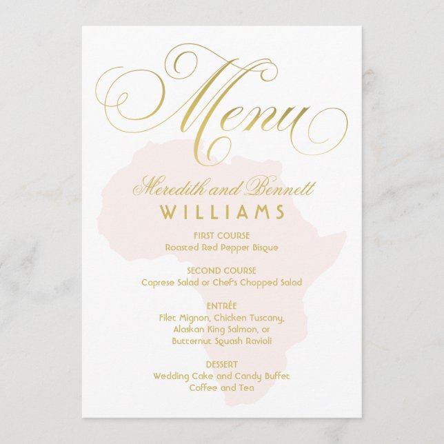 Menu Élégant Gold Script Blush Pink Afrique Mariage (Devant)