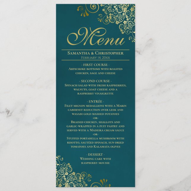 Menu Elegant Golden Curls & Swirls on Teal Wedding (Devant)