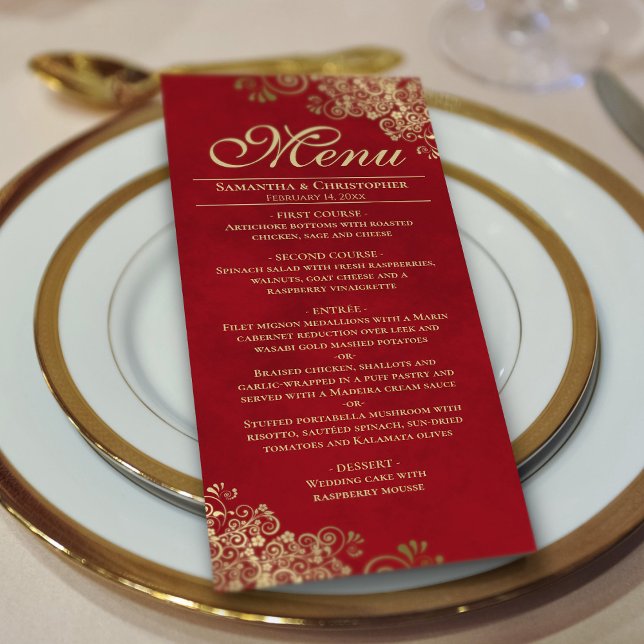 Menu Elégant Golden Frills sur Crimson Red Mariage (On Plate)