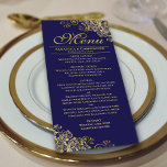 Menu Elégant Golden Frills sur Mariage bleu marine<br><div class="desc">Ce beau menu ajoutera un peu de style à votre réception de mariage. Il présente un design magnifique avec des boucles et des tourbillons dorés ornés sur un arrière - plan bleu marine. Il y a de l'espace pour les noms du couple et la date du mariage, et le texte...</div>