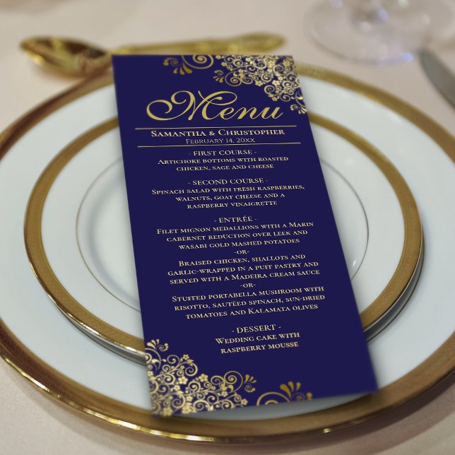 Menu Elégant Golden Frills sur Mariage bleu marine (On Plate)