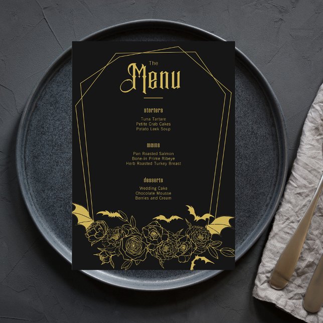Menu Élégant gothique Floral Mariage or noir (Créateur téléchargé)
