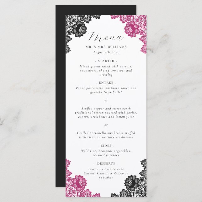 Menu Elegant Hot Pink and Black Floral Lace Wedding (Devant / Derrière)