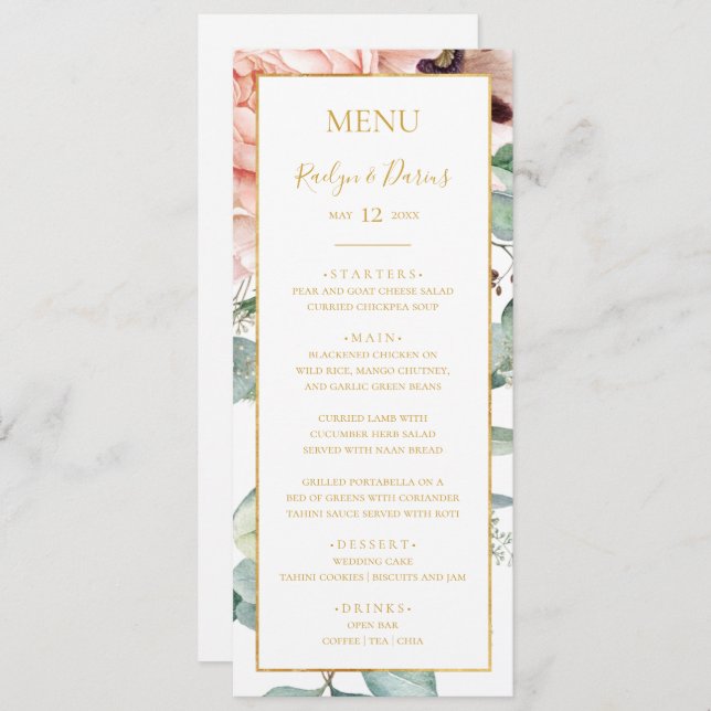 Menu Elégant Jardin Floral Blush | Dîner Mariage (Devant / Derrière)