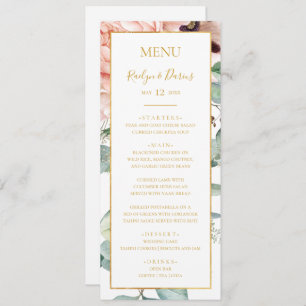 Menu Elégant Jardin Floral Blush Dîner Mariage