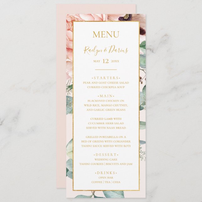 Menu Elégant Jardin Floral Blush Pastel Dîner Mariage (Devant / Derrière)