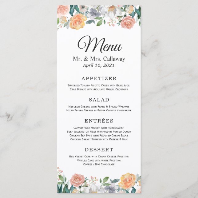 Menu Élégant jardin Roses  pivoines Mariage floral (Devant)
