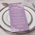 Menu Élégant Lavande & Blanc Frilly Corners Mariage<br><div class="desc">Ce joli menu couleur violet clair ou lavande ajoutera un peu de style à votre réception de mariage. Il présente un design simple mais beau avec des lettres de script élégantes et orné de boucles et de tourbillons blancs décoratifs dans les coins. Il y a de l'espace pour les noms...</div>