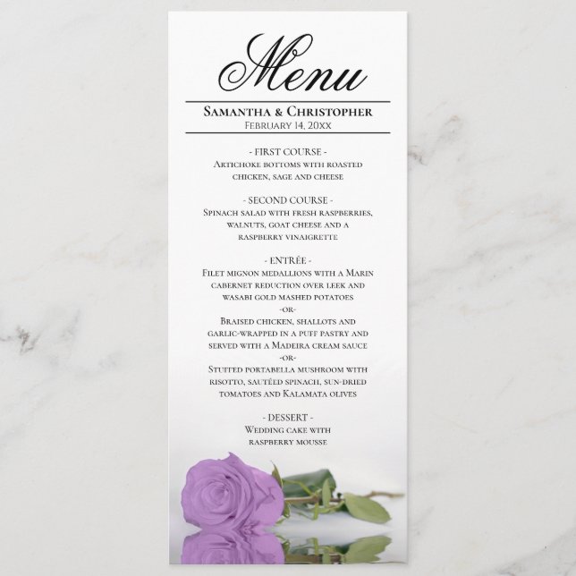 Menu Elegant Long Stemmed Lilac Purple Rose Wedding (Devant)