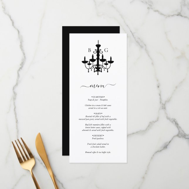 Menu Élégant lustre noir blanc Mariage (Devant/Arrière en situation)