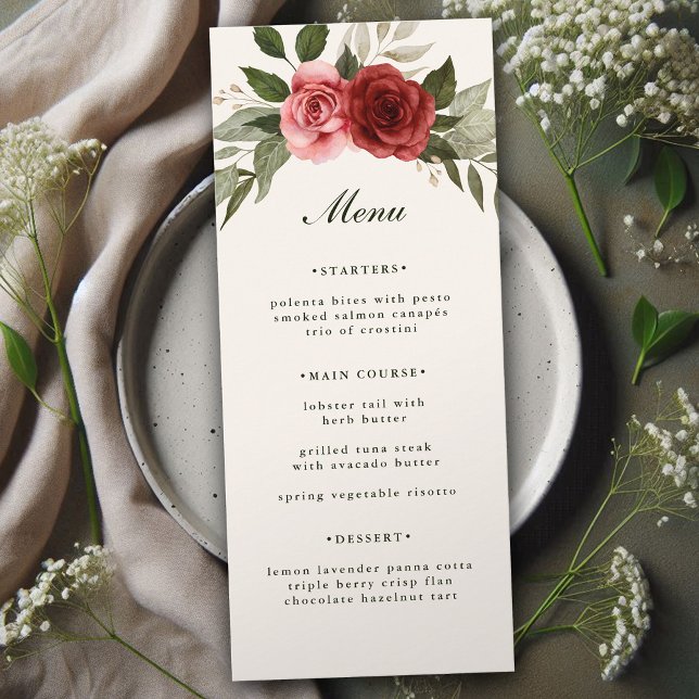 Menu Élégant mariage à l'aquarelle avec roses et feuill (Créateur téléchargé)