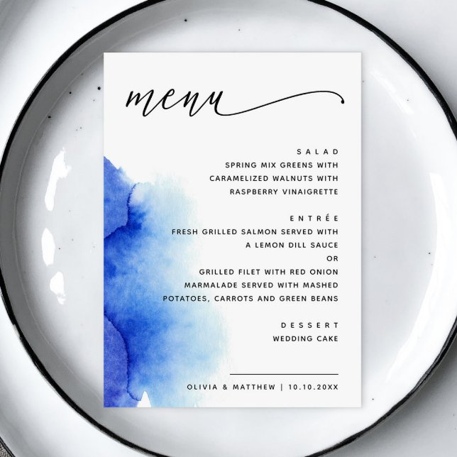 Menu Élégant mariage à l'aquarelle bleu marine écriture (Créateur téléchargé)