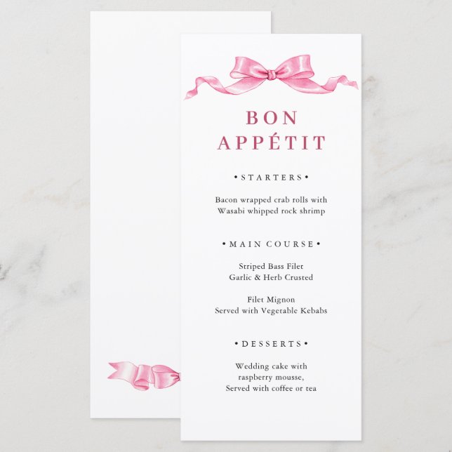 Menu Élégant Mariage à mâchoire douce rose (Devant / Derrière)