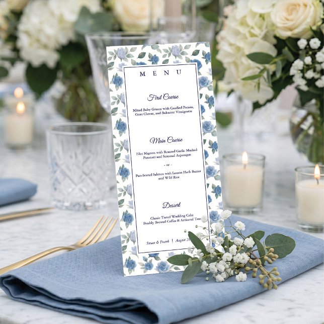 Menu Élégant mariage aquarelle rose bleu français (Bon appétit! 🍽️ Elegant blue floral menus for your perfect tablescape. 💙)