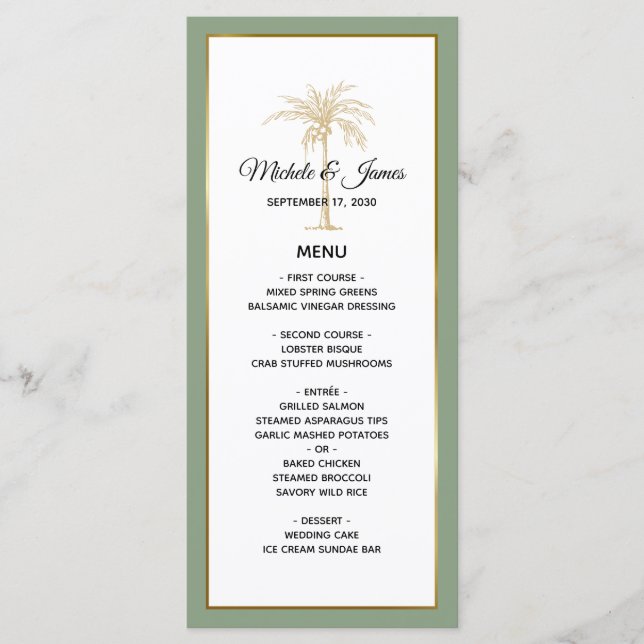 Menu Élégant mariage arbre palmier vert sauge or (Devant)