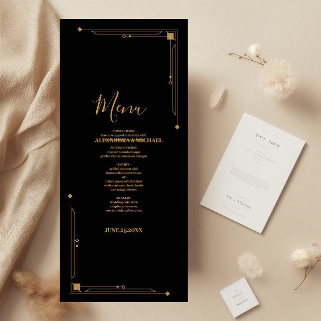 Menu Elégant Mariage Art déco noir et or (Créateur téléchargé)