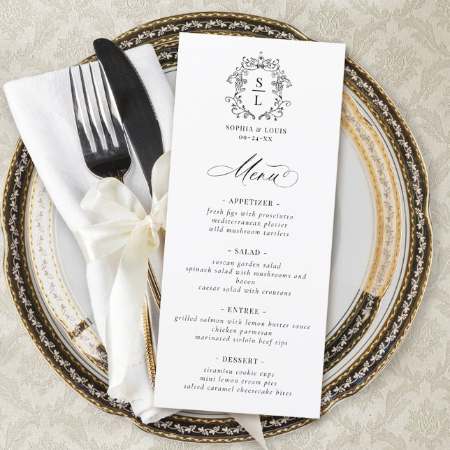 Menu Élégant Mariage au Monogramme de Crête Baroque (Créateur téléchargé)