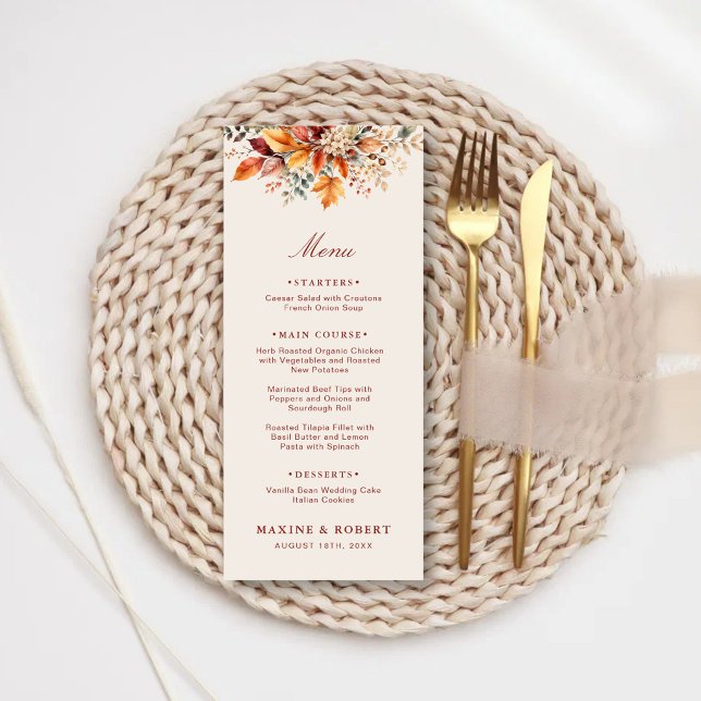 Menu Élégant Mariage Automnal à l'Aquarelle Douce (Elegant autumn foliage watercolor wedding menu with timeless seasonal charm.)