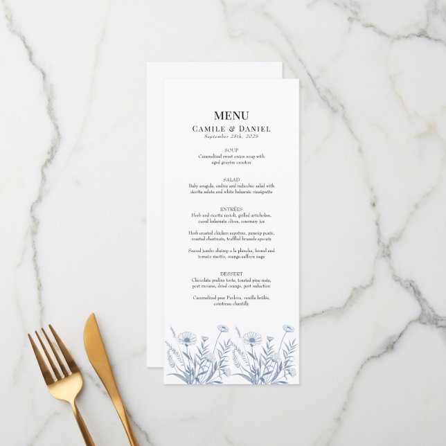 Menu Élégant mariage aux fleurs sauvages de pervenche (Devant/Arrière en situation)
