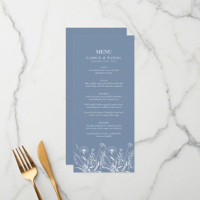 Menu Élégant mariage aux fleurs sauvages de pervenche (Devant/Arrière en situation)