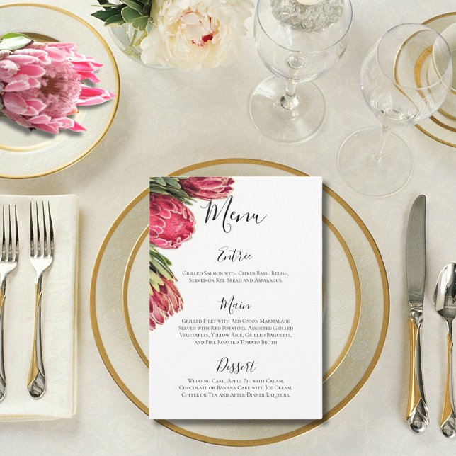 Menu Élégant mariage aux proteas rose et vert tropicaux (Créateur téléchargé)