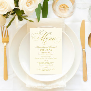 Menu Élégant mariage avec calligraphie en ivoire et or