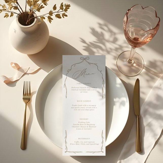 Menu Elégant Mariage Beige Main Tirée Bow & Ribbon (Elegant Beige Hand Drawn Bow & Ribbon Wedding Menu)