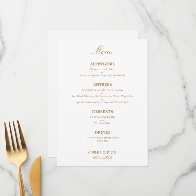 Menu élégant Mariage blanc Golden Beige (Devant/Arrière en situation)