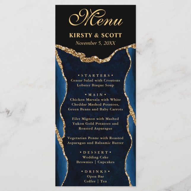 Menu Élégant mariage bleu et or faux paillettes agate (Devant)