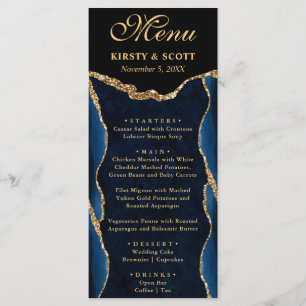 Menu Élégant mariage bleu et or faux paillettes agate