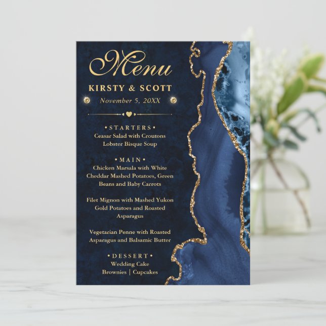 Menu Élégant mariage bleu et or faux paillettes agate (Debout devant)