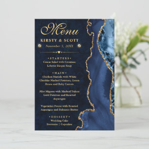 Menu Élégant mariage bleu et or faux paillettes agate
