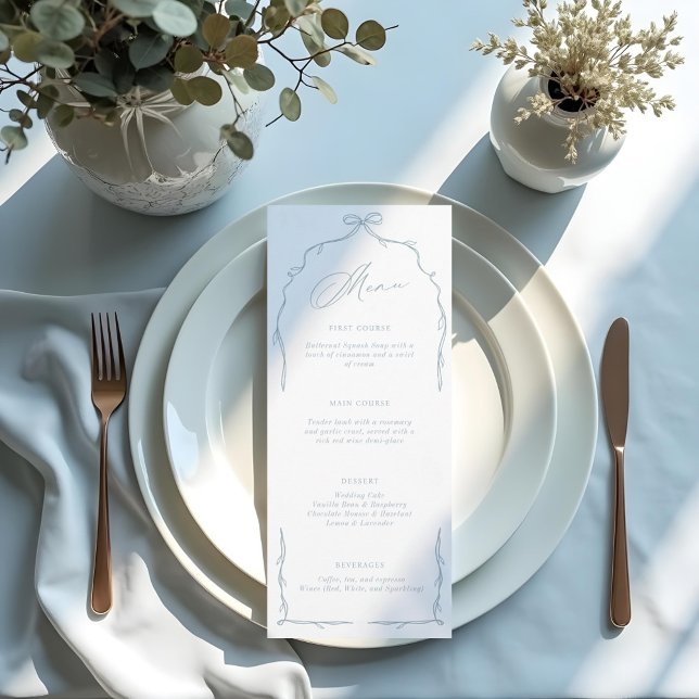 Menu Elégant Mariage Bleu Main Tirée Bow & Ribbon (Elegant Blue Hand Drawn Bow & Ribbon Wedding Menu)