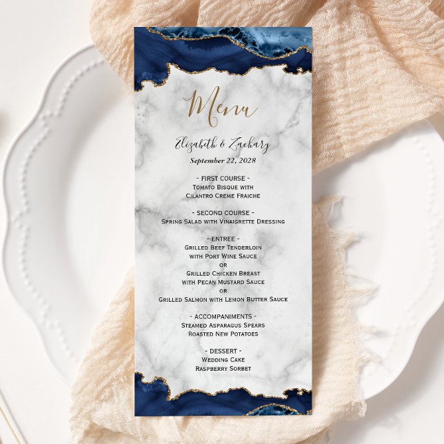 Menu Élégant mariage bleu marine agate dorée marbre (Créateur téléchargé)