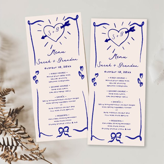 Menu Elégant Mariage bleu rétro tiré à la main (Créateur téléchargé)