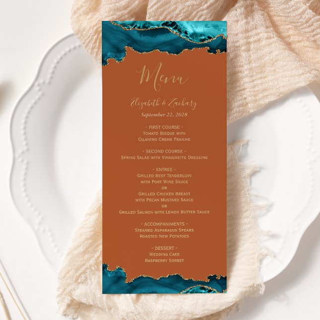 Menu Élégant Mariage Bleu Sarcelle Or Agate Rouille (Créateur téléchargé)
