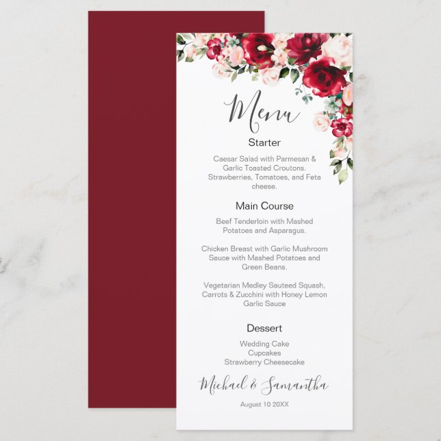 Menu Élégant Mariage Blush et Red Roses (Devant / Derrière)