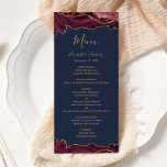 Menu Élégant mariage bordeaux or agate bleu marine<br><div class="desc">Ce menu de mariage élégant et moderne présente des bordures supérieure et inférieure d'agate aquarelle bordeaux ornées de faux brillants dorés. Le texte apparaît dans une écriture manuscrite dorée élégante,  avec des polices italiques et copperplate sur un fond bleu marine. Le motif agate est répété au verso.</div>