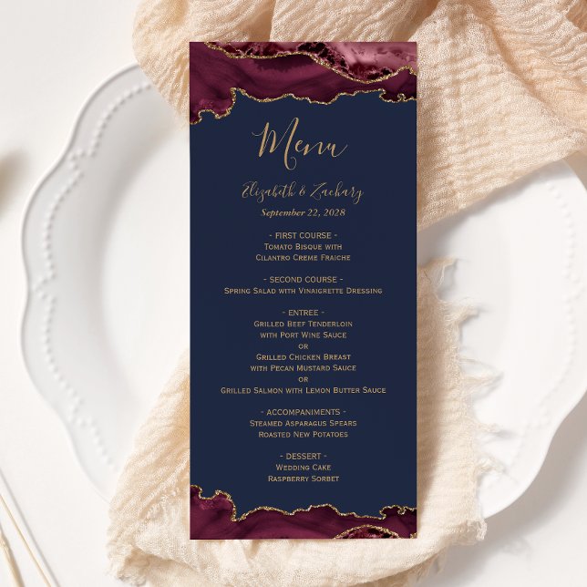 Menu Élégant mariage bordeaux or agate bleu marine (Créateur téléchargé)