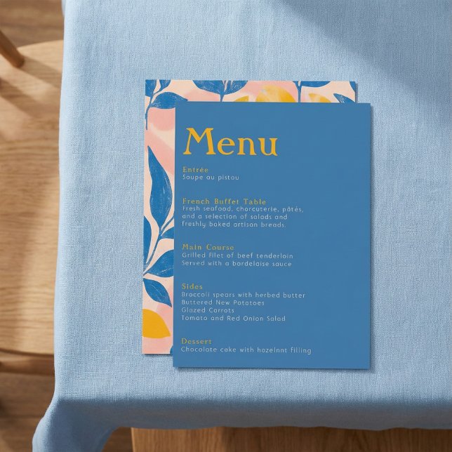 Menu Elégant mariage botanique bleu et jaune (Créateur téléchargé)