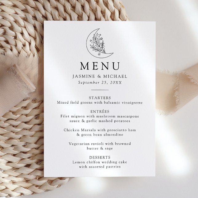 Menu Élégant Mariage Botanique Lune et Étoiles (Créateur téléchargé)