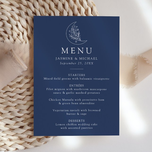 Menu Élégant Mariage Botanique Lune et Étoiles Bleu Mar (Créateur téléchargé)