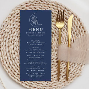 Menu Élégant Mariage Botanique Lune et Étoiles Bleu Mar